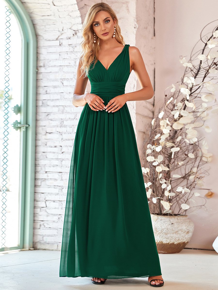 Color=Dark Green | Double V-Neck Elegant Maxi Long Wholesale Evening Dresses-Dark Green 3