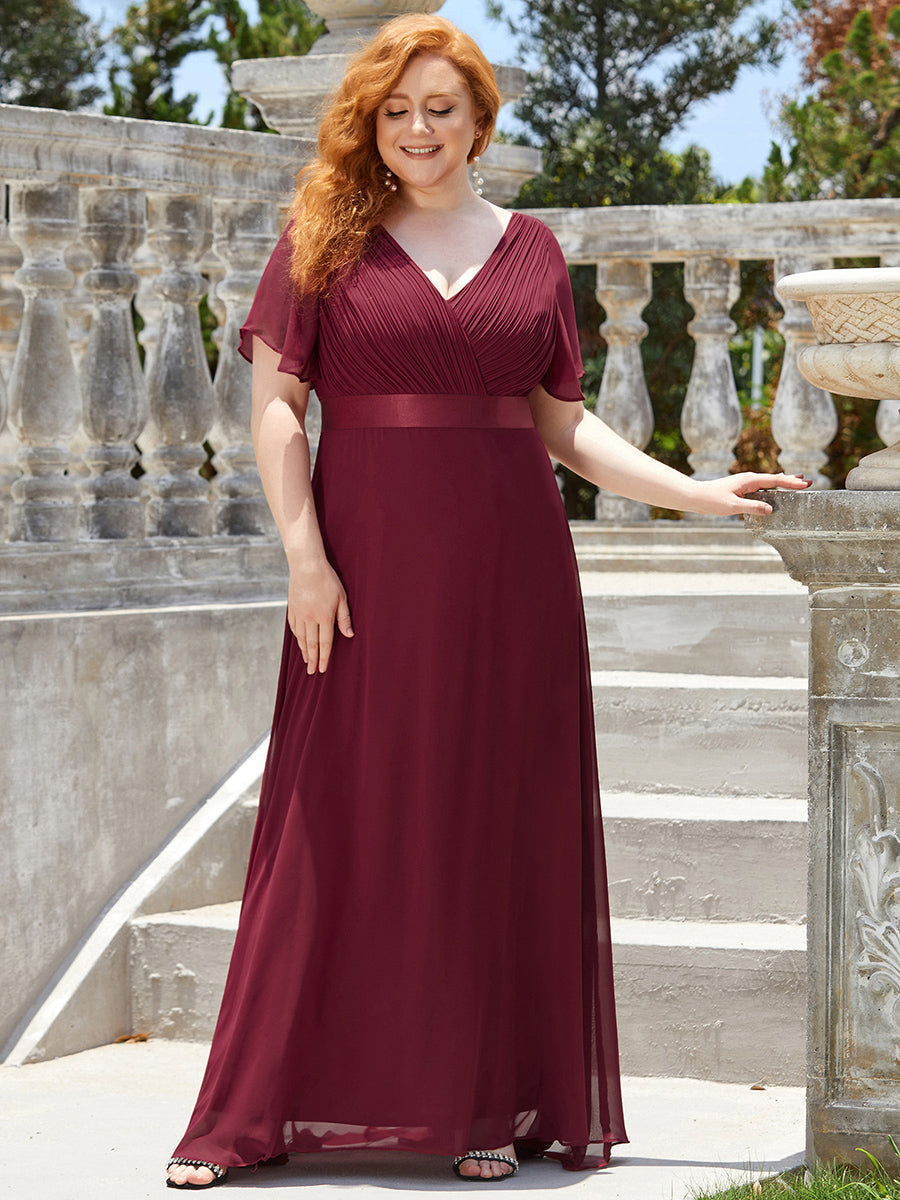 Color=Burgundy | Glamorous Double V-Neck Ruffles Padded Plus Size Evening Dresses-Burgundy 1