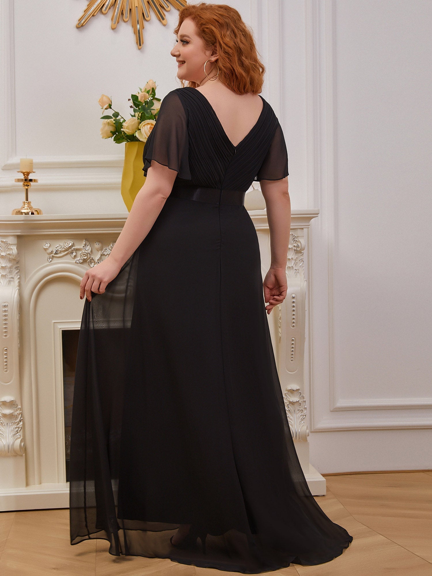 Color=Black | Glamorous Double V-Neck Ruffles Padded Wholesale Evening Dresses-Black 6