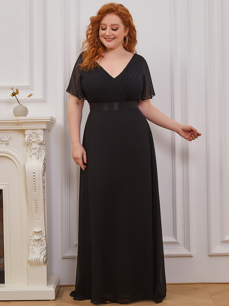 Color=Black | Glamorous Double V-Neck Ruffles Padded Plus Size Evening Dresses-Black 1