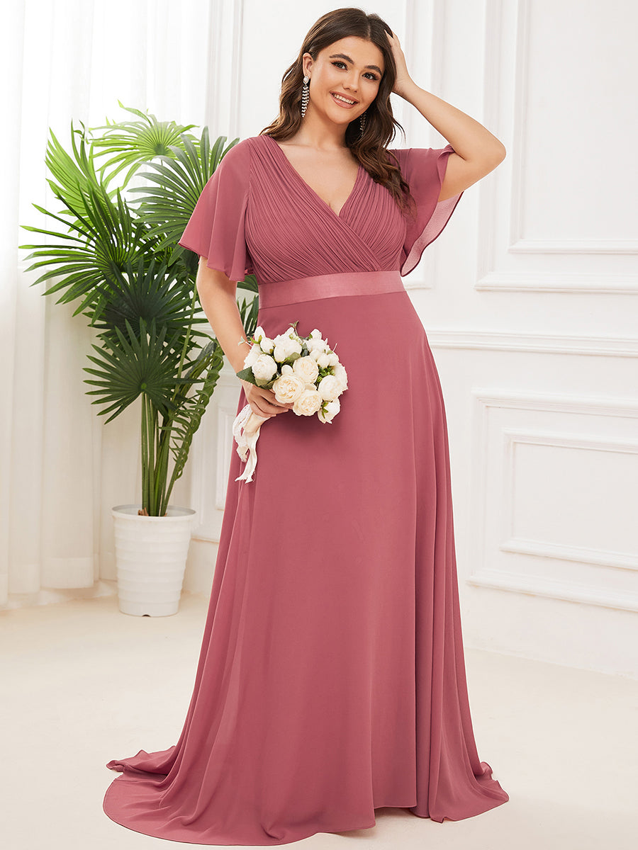 Color=Cameo Brown | Glamorous Double V-Neck Ruffles Padded Wholesale Evening Dresses-Cameo Brown 1
