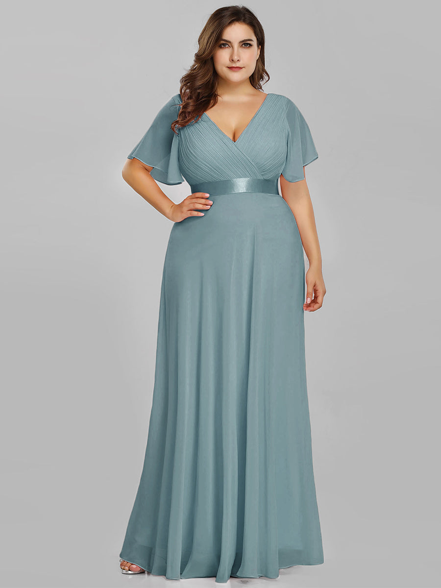 Color=Dusty blue | Glamorous Double V-Neck Ruffles Padded Plus Size Evening Dresses-Dusty Blue 1