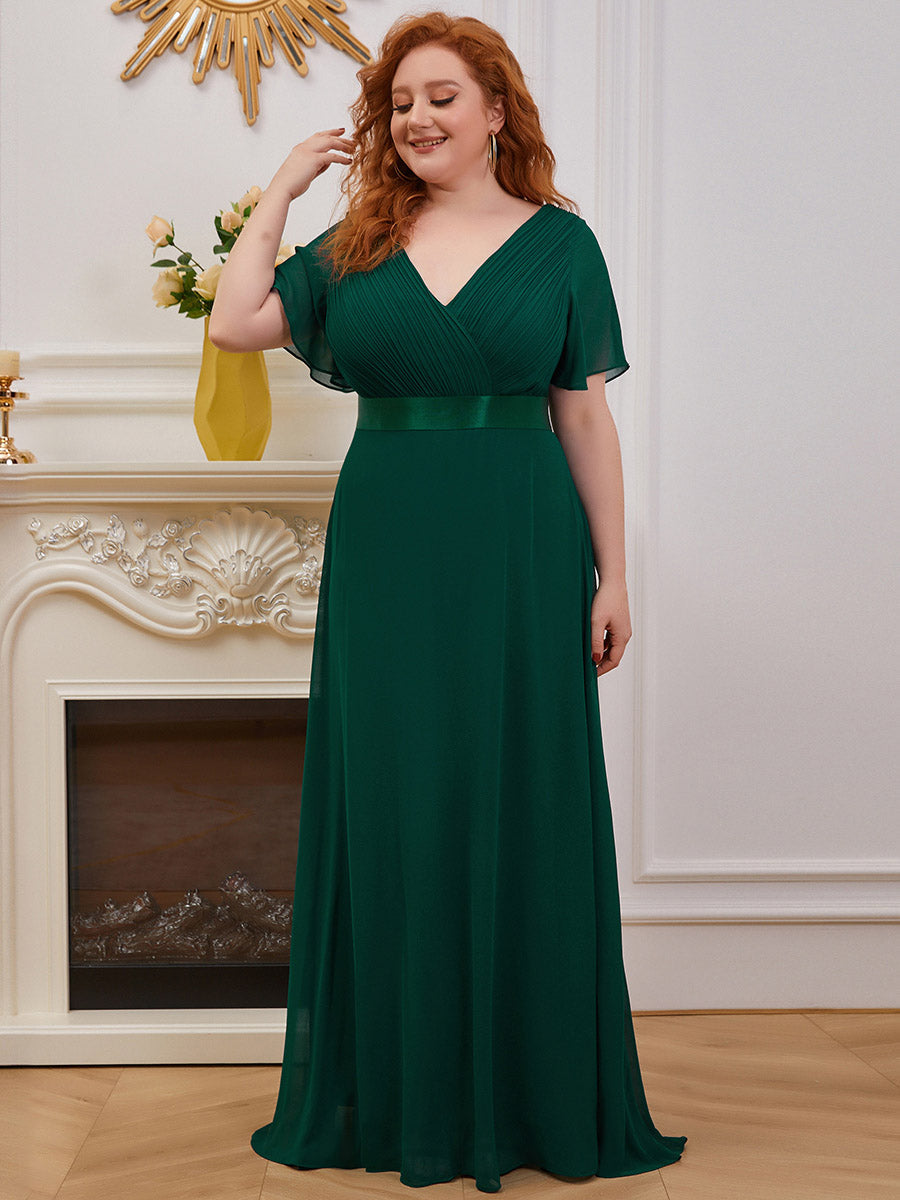 Color=Dark Green | Glamorous Double V-Neck Ruffles Padded Plus Size Evening Dresses-Dark Green 1
