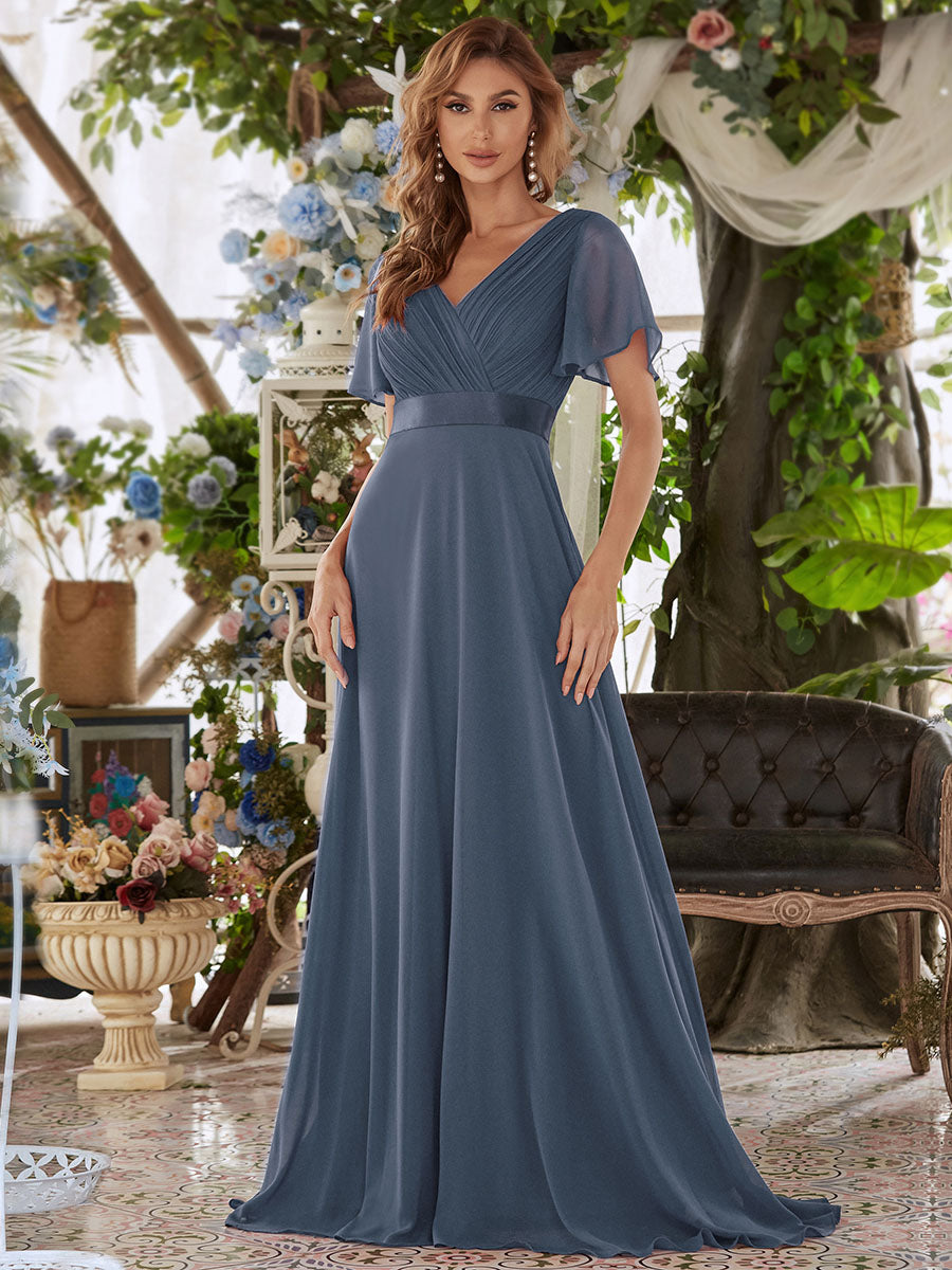 Color=Dusty Navy | Glamorous Double V-Neck Ruffles Padded Wholesale Evening Dresses-Dusty Navy 1