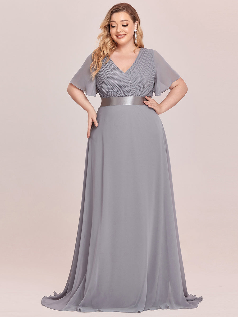 Color=Grey | Glamorous Double V-Neck Ruffles Padded Plus Size Evening Dresses-Grey 1