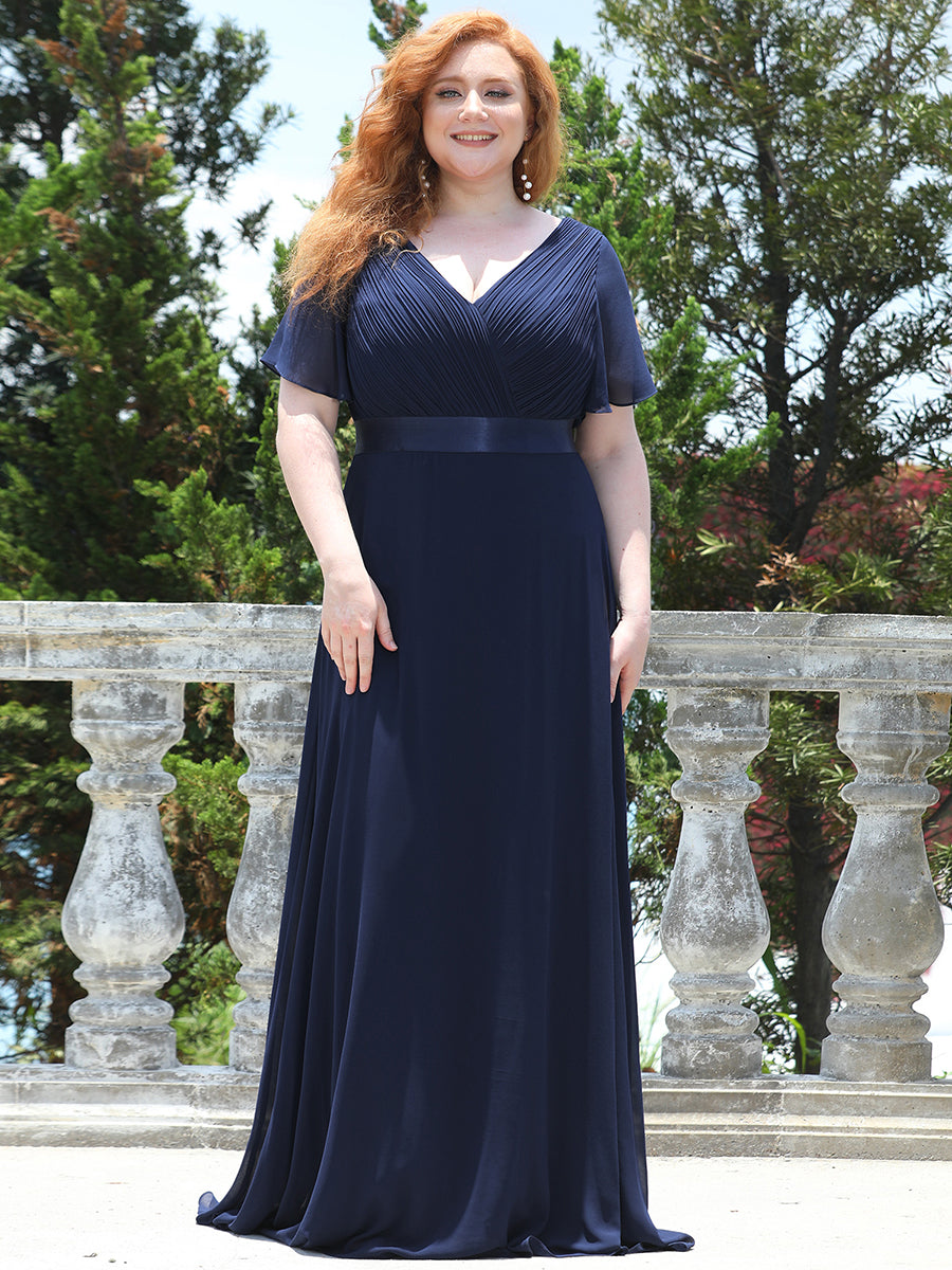Color=Navy Blue | Glamorous Double V-Neck Ruffles Padded Plus Size Evening Dresses-Navy Blue  1