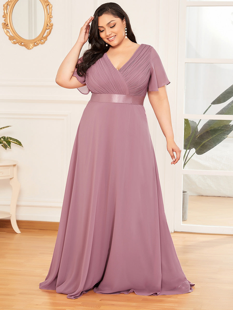 Double V-Neck Ruffles Padded Plus Size Wholesale Evening Dresses