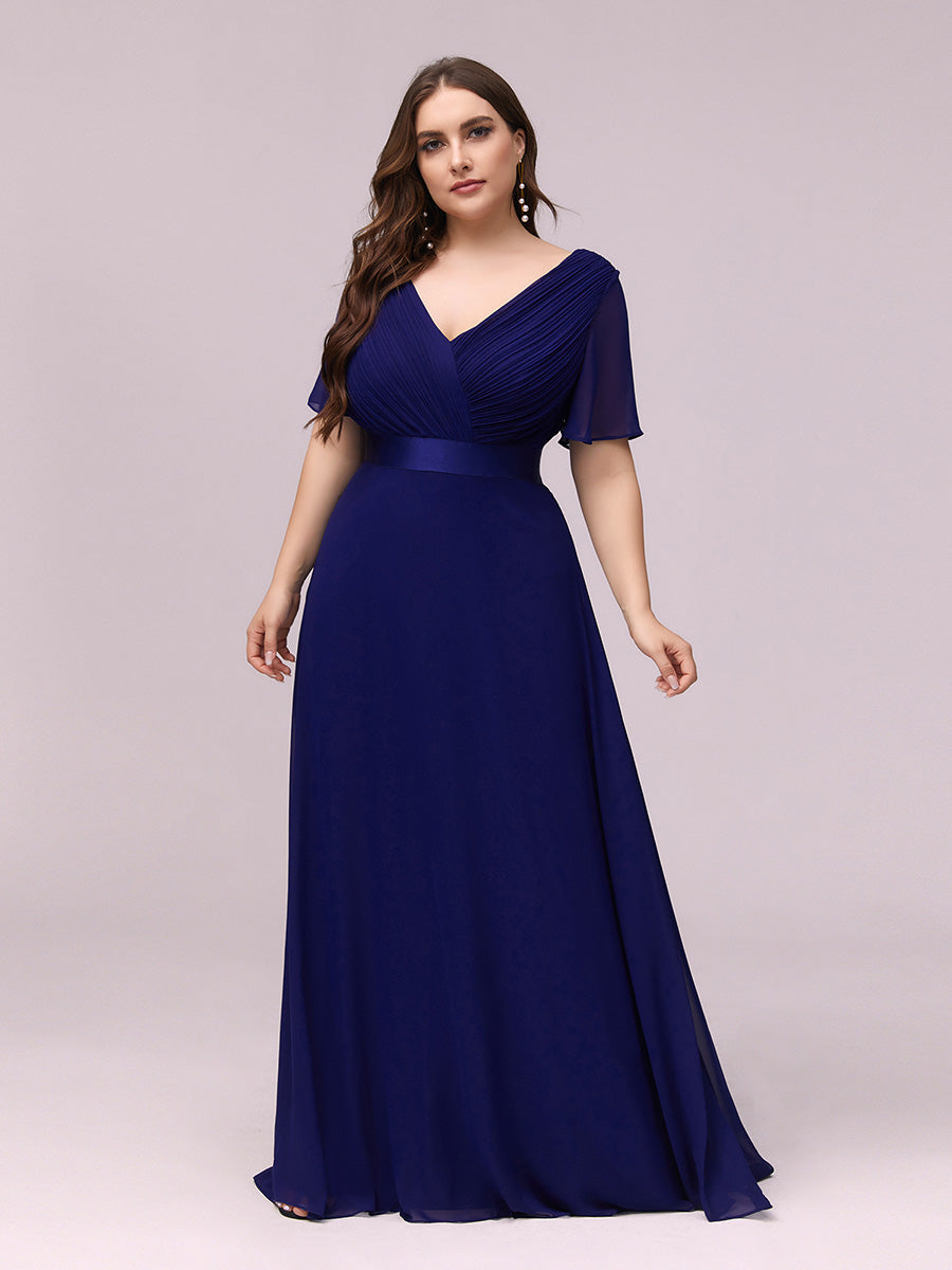 Color=Royal Blue | Long Empire Waist Evening Dress With Short Flutter Sleeves-Royal Blue 1