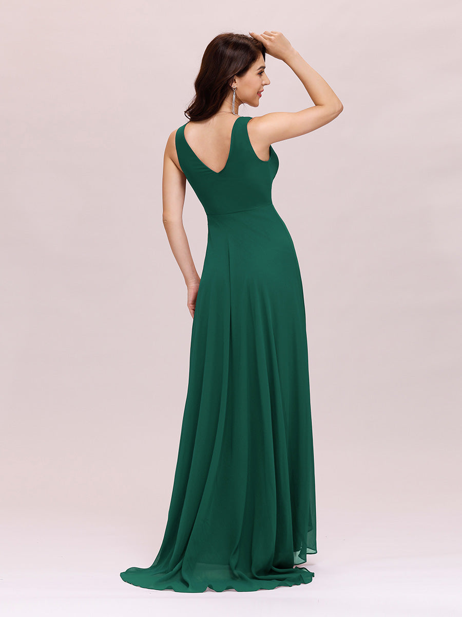 Double V Neck Rhinestones Ruched Bust High Low Evening Dresses