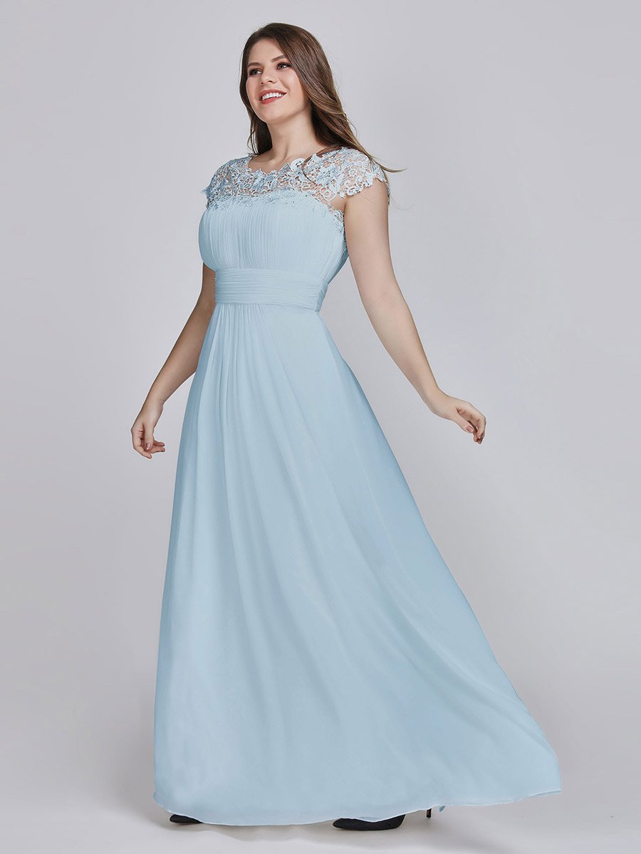 Lacey Neckline Open Back Ruched Bust Plus Size Evening Dresses