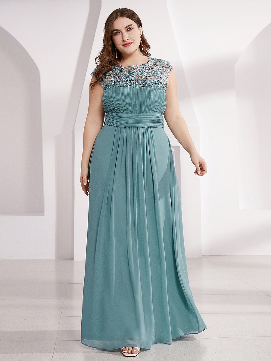 Color=Dusty Blue | Lacey Neckline Open Back Ruched Bust Plus Size Evening Dresses-Dusty Blue 1