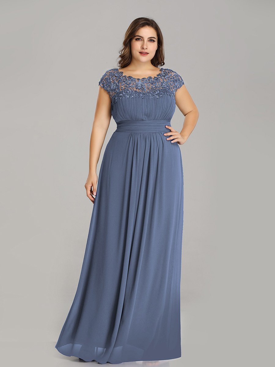 Lacey Neckline Open Back Ruched Bust Plus Size Evening Dresses