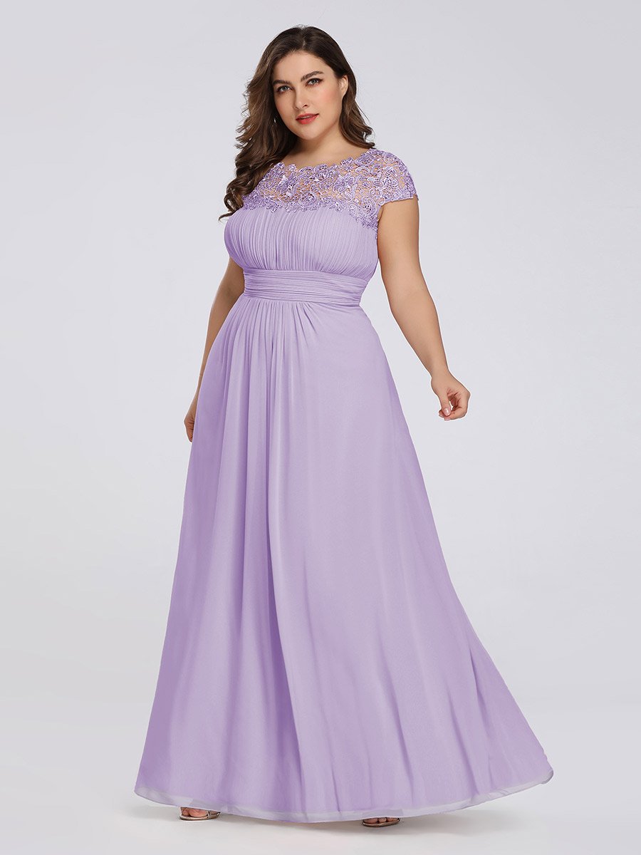 Lacey Neckline Open Back Ruched Bust Plus Size Evening Dresses