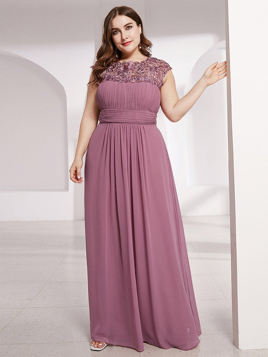 Lacey Neckline Open Back Ruched Bust Plus Size Evening Dresses