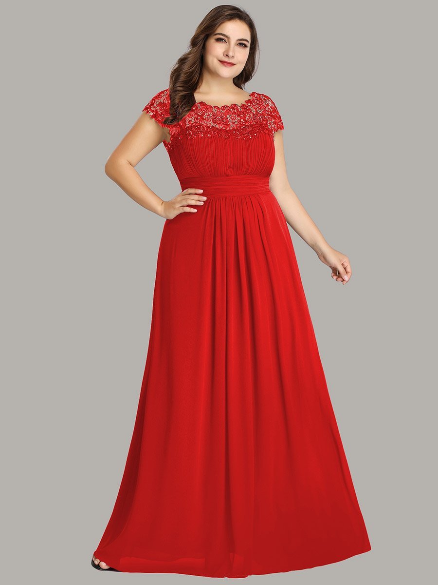 Color=Red | Lacey Neckline Open Back Ruched Bust Plus Size Evening Dresses-Red 1