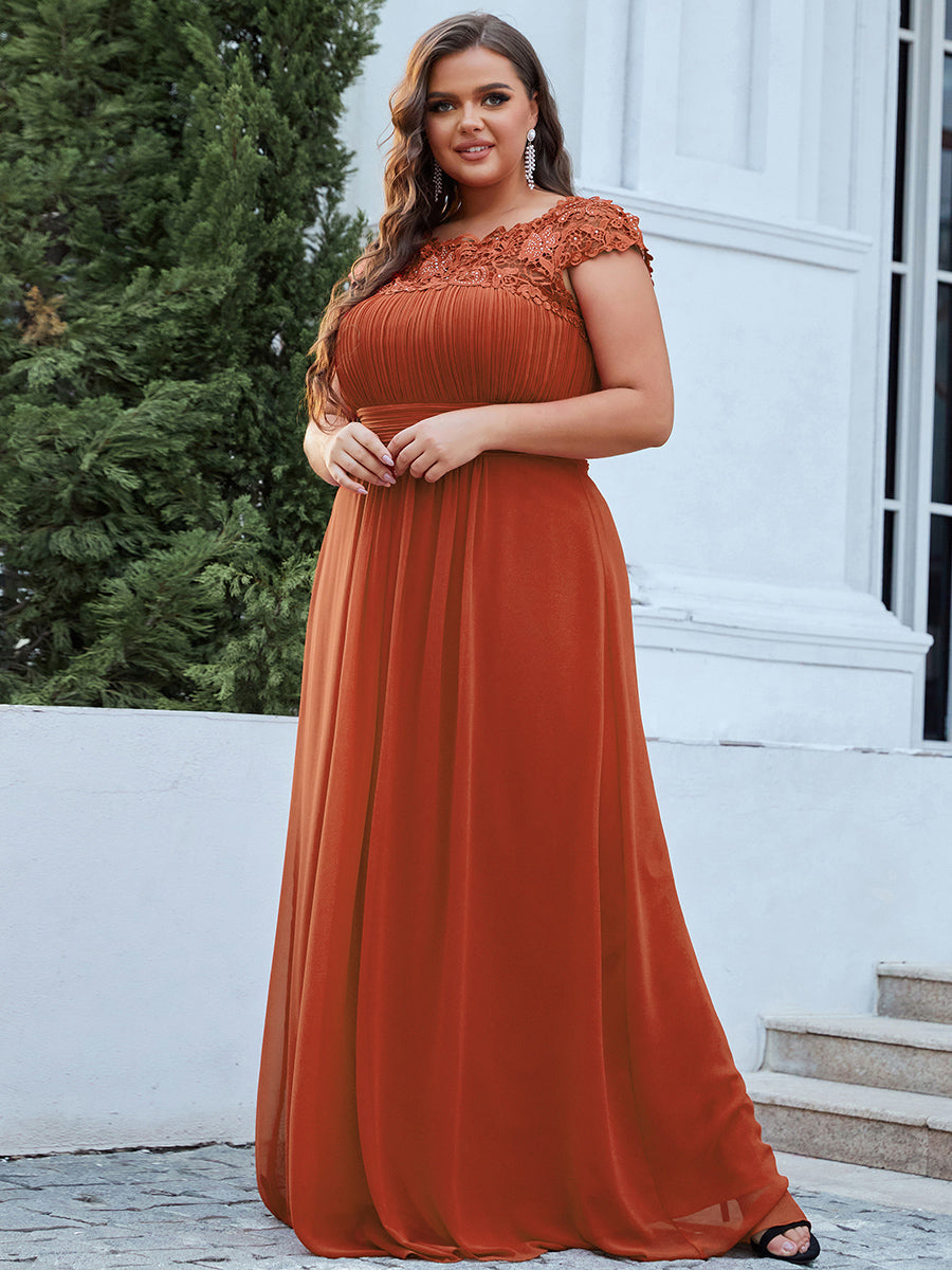 Color=Burnt orange | Lacey Neckline Open Back Ruched Bust Plus Size Evening Dresses-Burnt orange 1