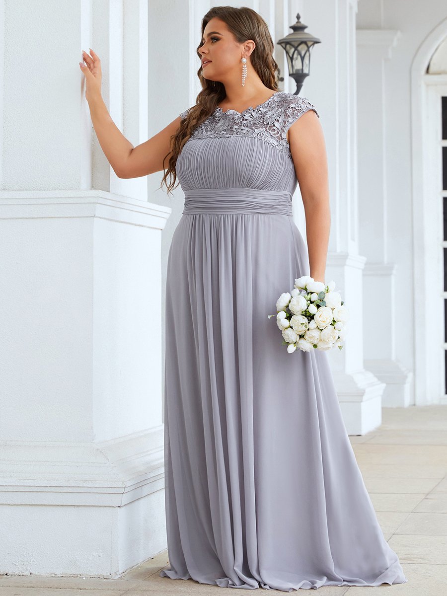 Color=Grey | Lacey Neckline Open Back Ruched Bust Plus Size Evening Dresses-Grey  1