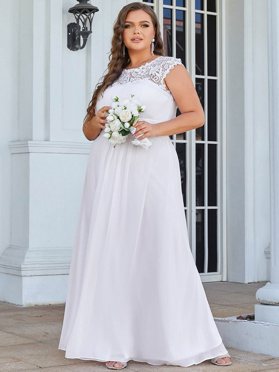Color=White | Lacey Neckline Open Back Ruched Bust Plus Size Evening Dresses-White 1