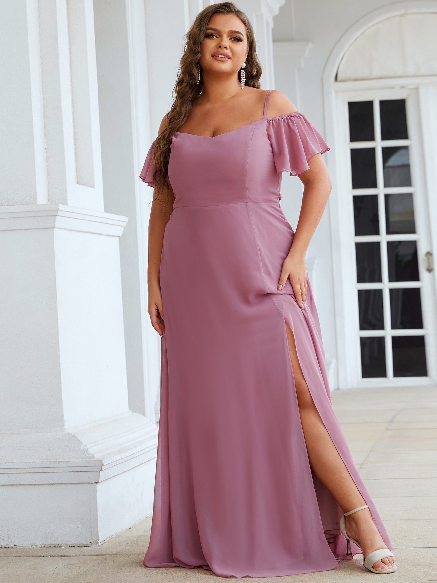 Color=Orchid | Plain Solid Color Plus Size Wholesale Chiffon Bridesmaid Dress-Orchid 1