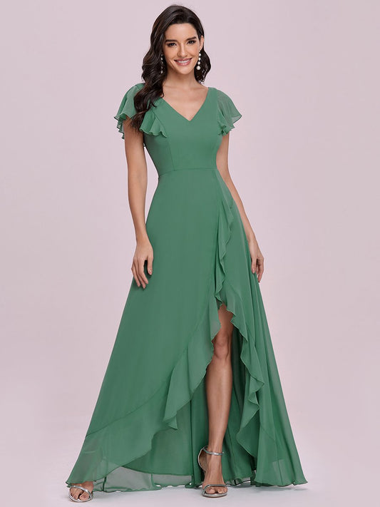 Color=Green Bean | Sweet Wholesale Long V Neck Chiffon Bridesmaid Dress-Green Bean 1