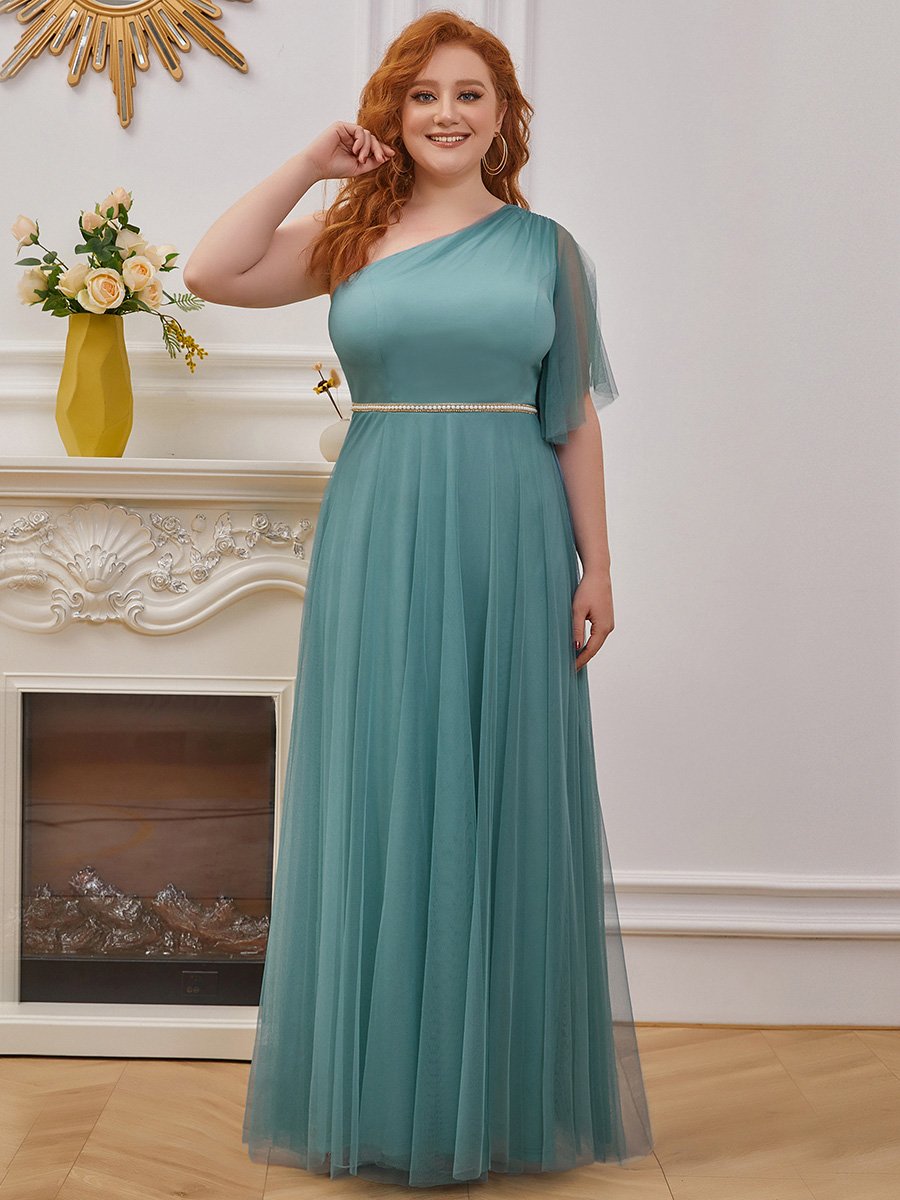 Color=Dusty blue | Plus Size Wholesale Tulle Bridesmaid Dress With Beaded Waistline-Dusty Blue 1