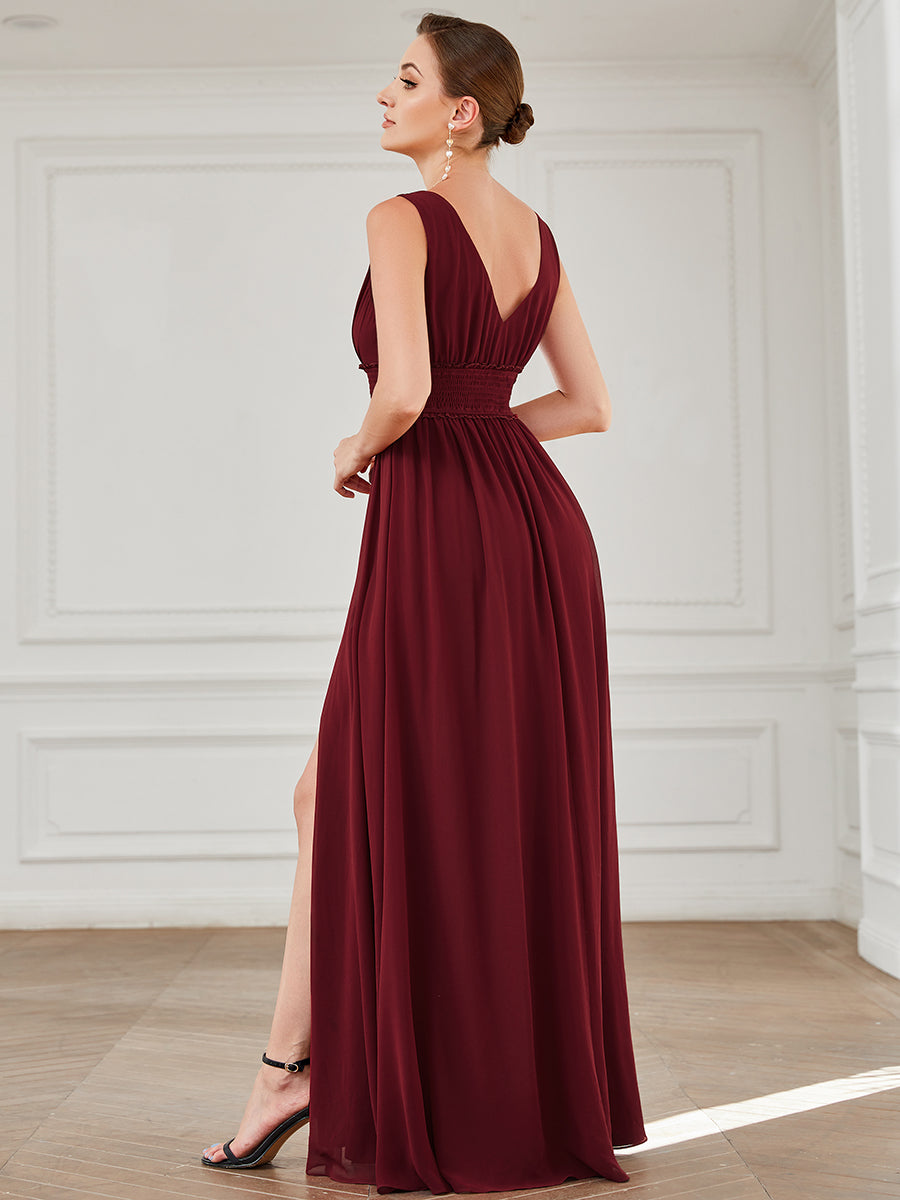 Sleeveless Deep V Neck Thigh High Split Wholesale Bridesmaid Dresses