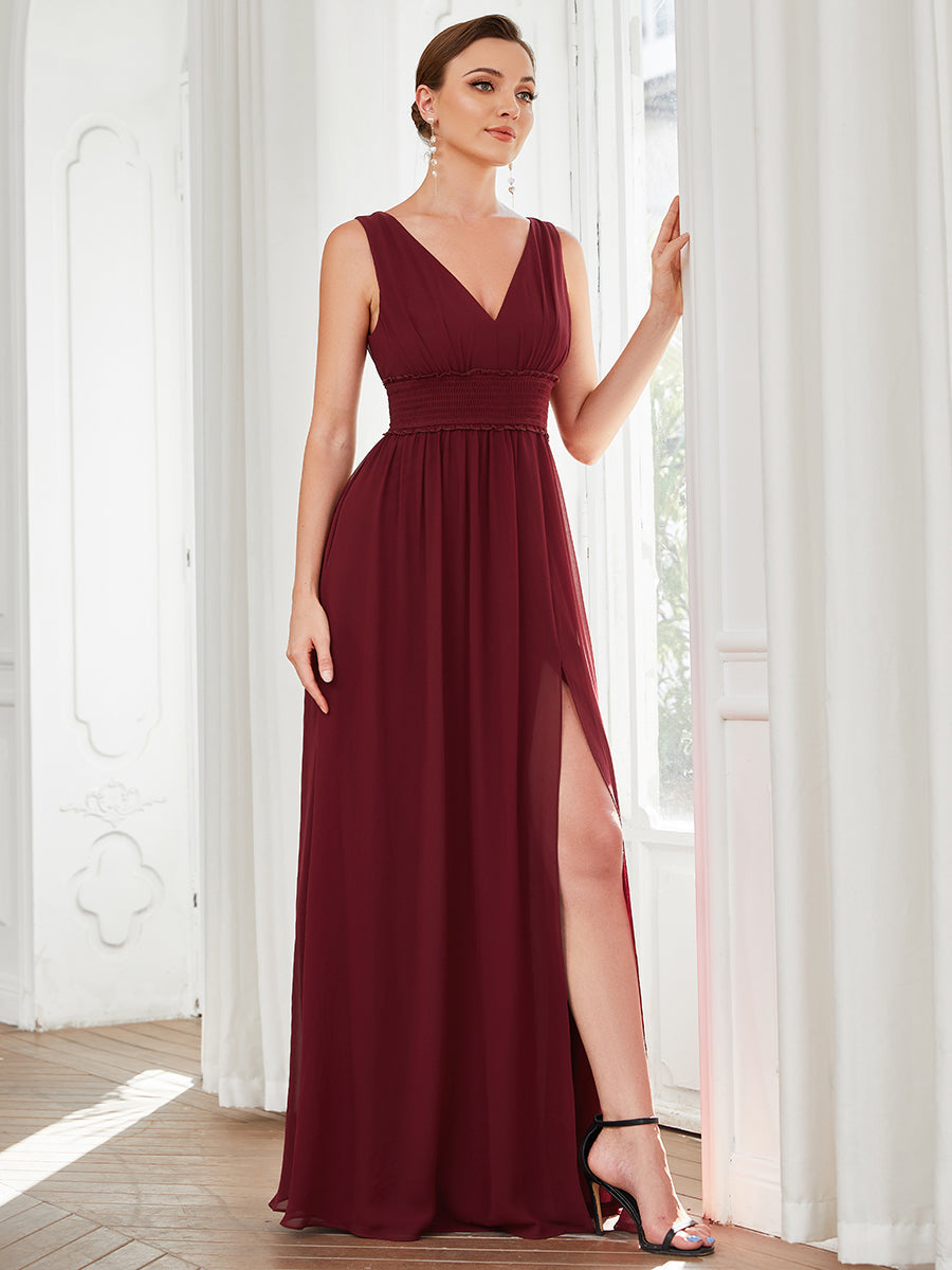 Sleeveless Deep V Neck Thigh High Split Wholesale Bridesmaid Dresses