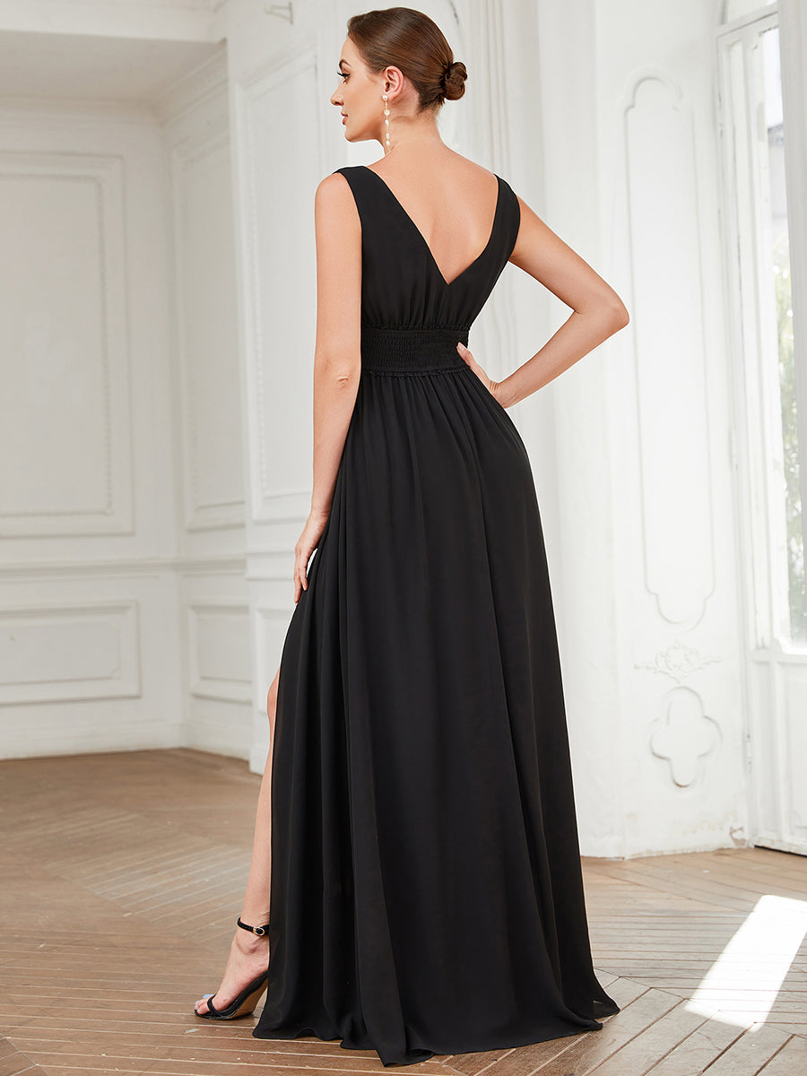 Sleeveless Deep V Neck Thigh High Split Wholesale Bridesmaid Dresses