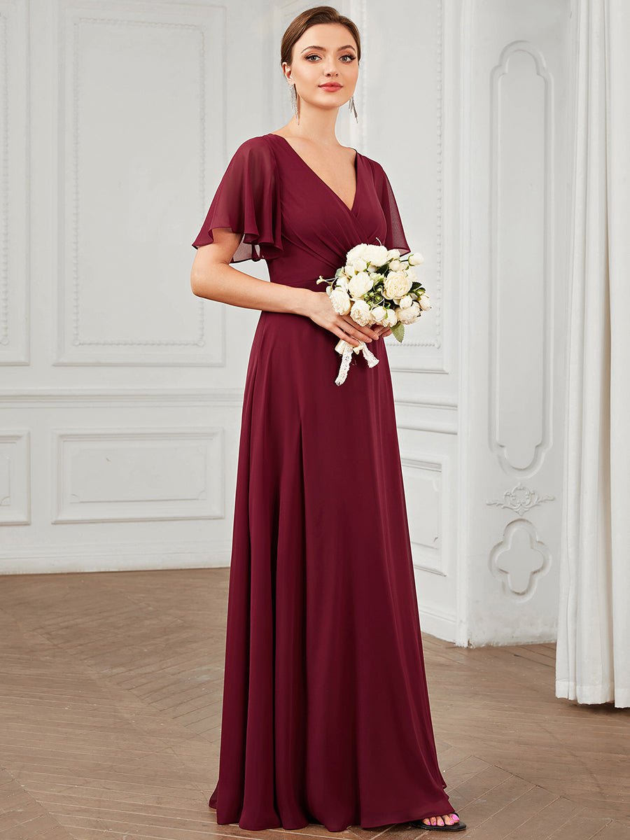 Deep V Neck A Line Short Ruffles Sleeves Wholesale Bridesmaid Dresses