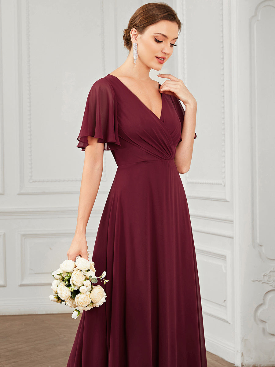 Deep V Neck A Line Short Ruffles Sleeves Wholesale Bridesmaid Dresses