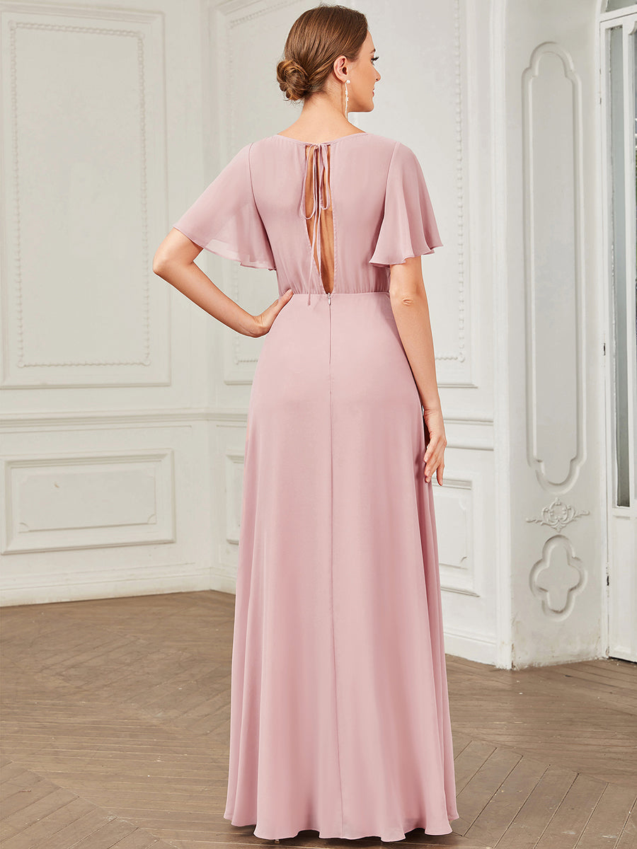 Deep V Neck A Line Short Ruffles Sleeves Wholesale Bridesmaid Dresses