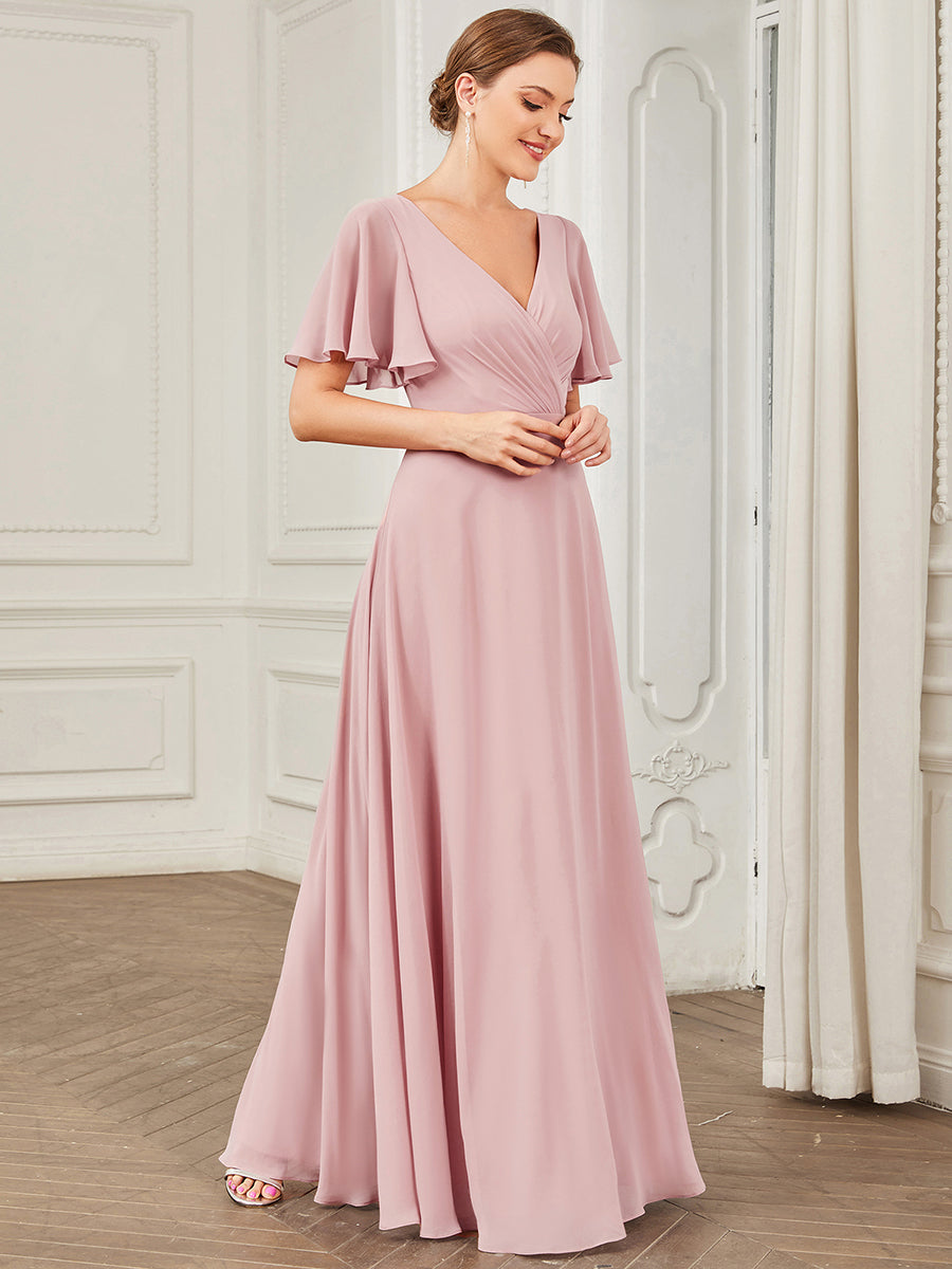 Deep V Neck A Line Short Ruffles Sleeves Wholesale Bridesmaid Dresses