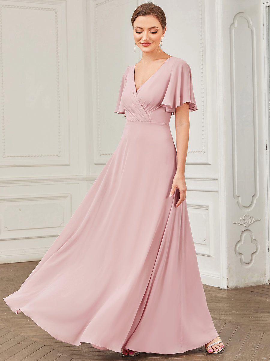 Deep V Neck A Line Short Ruffles Sleeves Wholesale Bridesmaid Dresses