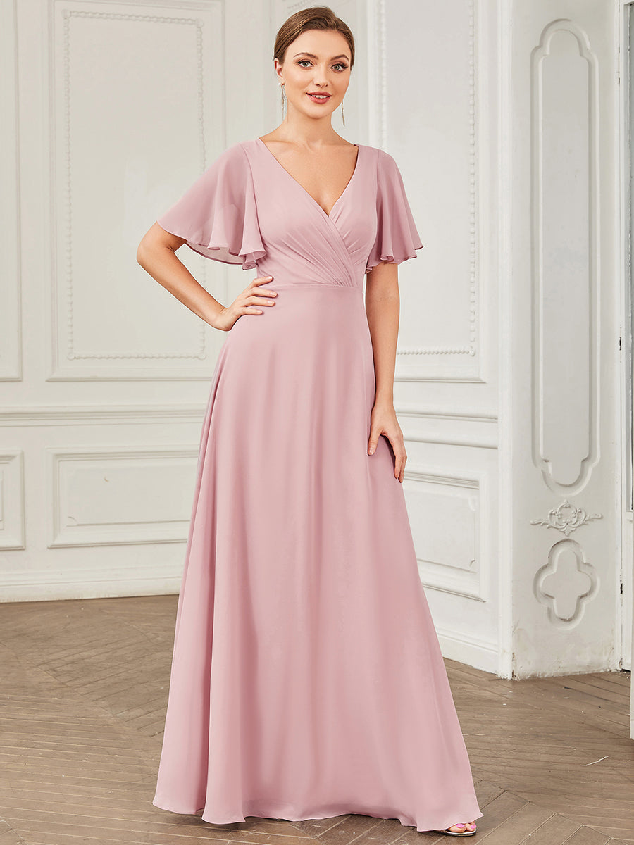 Color=Dusty Rose | Deep V Neck A Line Short Ruffles Sleeves Wholesale Bridesmaid Dresses-Dusty Rose 1
