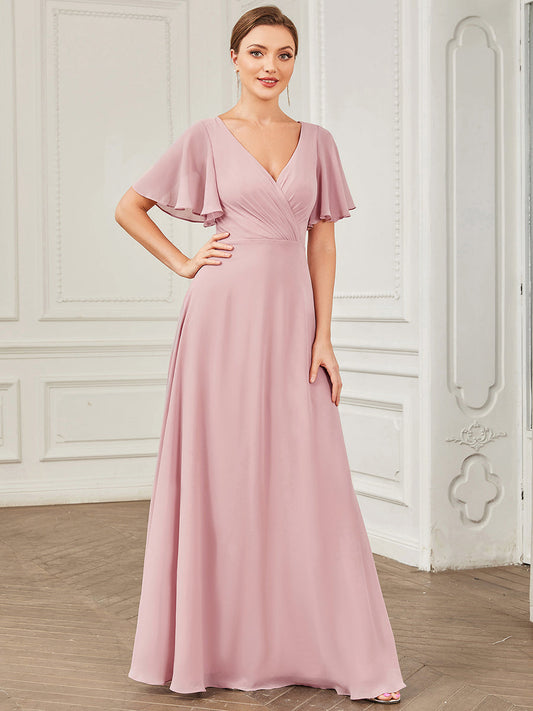 Color=Dusty Rose | Deep V Neck A Line Short Ruffles Sleeves Wholesale Bridesmaid Dresses-Dusty Rose 1