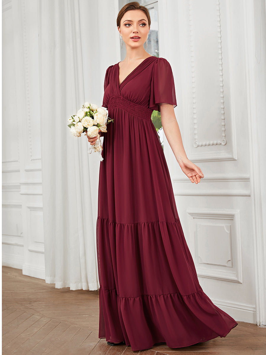 Simple V Neck A Line Short Sleeves Wholesale Bridesmaid Dresses
