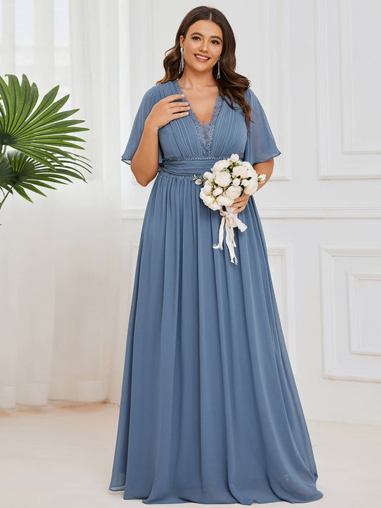 Color=Dusty Navy | Short Ruffles Sleeves Deep V Neck A Line Wholesale Bridesmaid Dresses-Dusty Navy 1