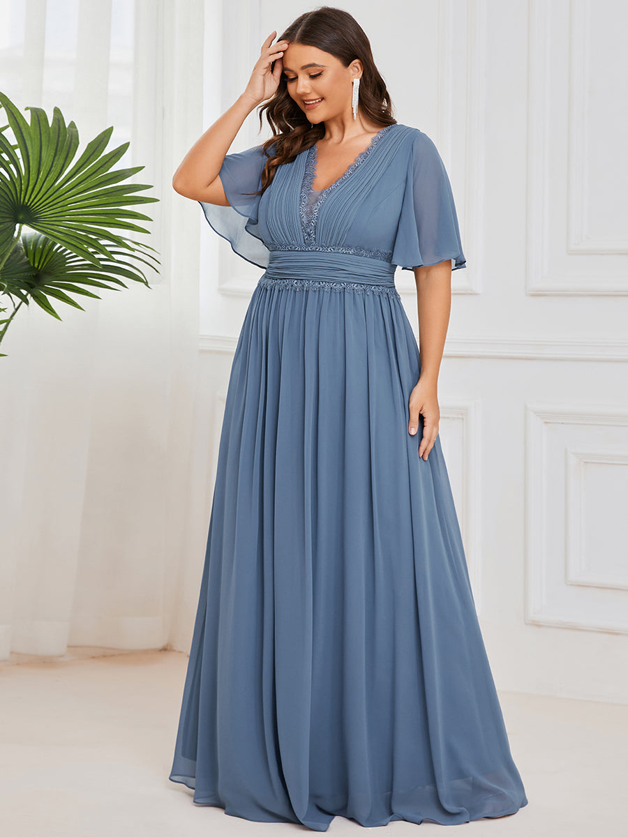 Plus Short Ruffles Sleeves Deep V Neck A Line Wholesale Bridesmaid Dresses
