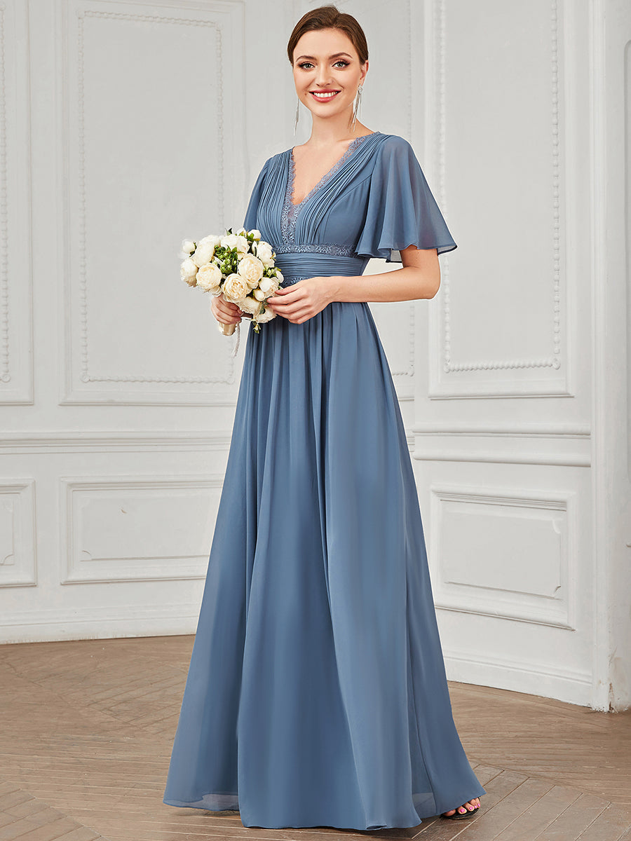 Short Ruffles Sleeves Deep V Neck A Line Wholesale Bridesmaid Dresses