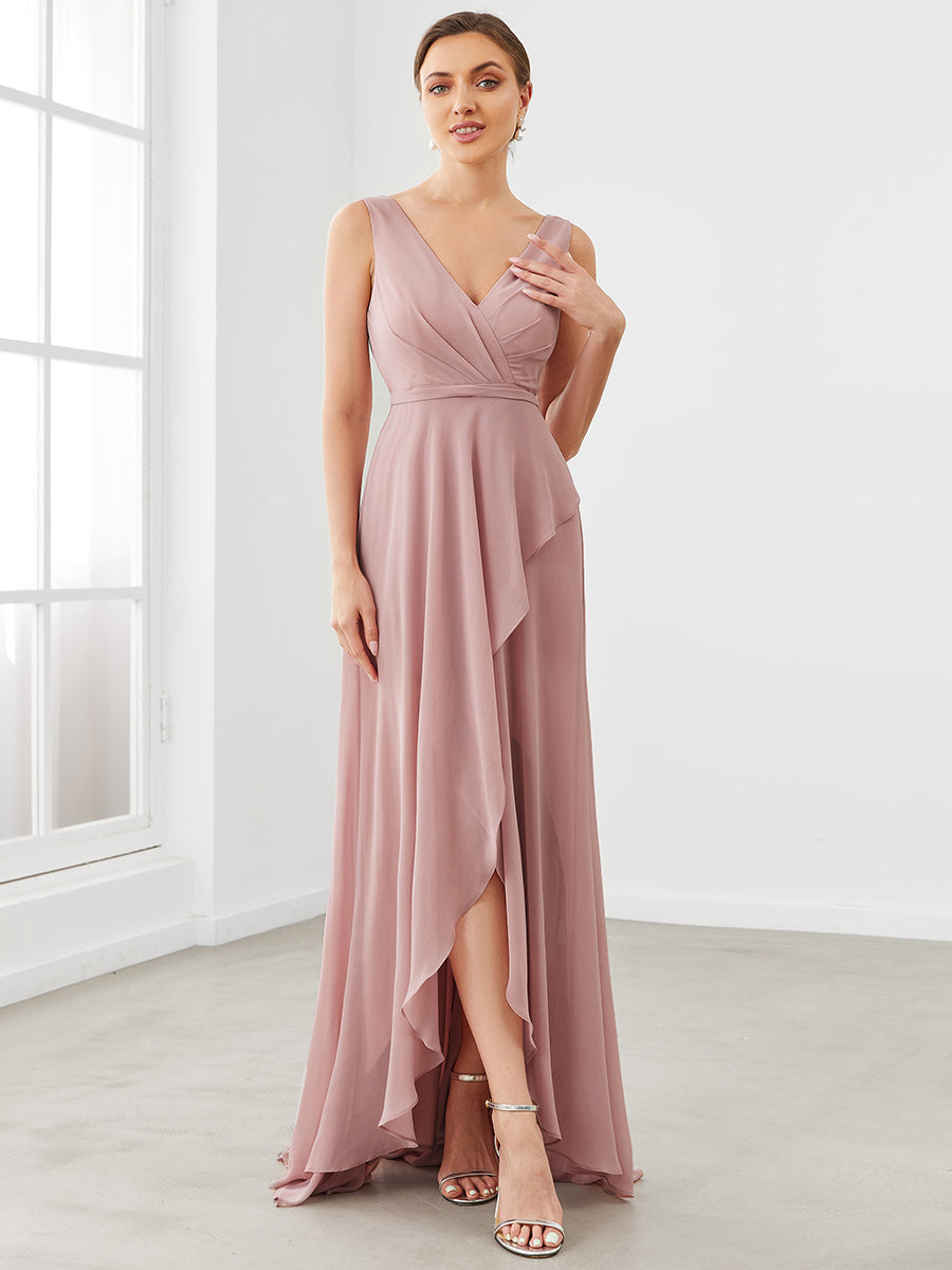 Wholesale Bridesmaid Dresses With Deep V Neck and Asymmetrical Hem