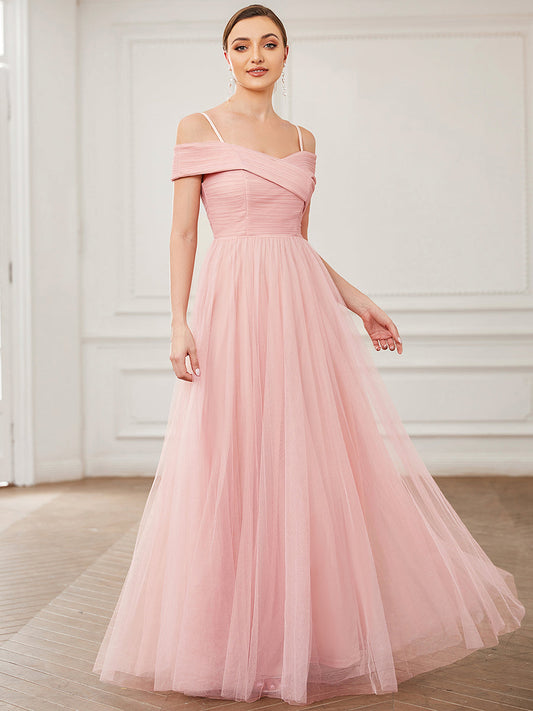 Color=Pink | V Neck A Line Sleeveless Floor Length Wholesale Bridesmaid Dresses-Pink 1