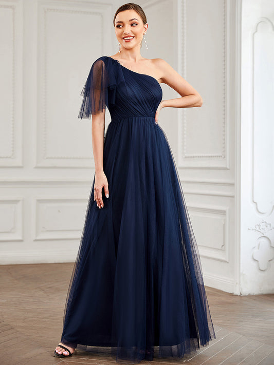 Color=Navy Blue | One Shoulder A Line Ruffles Sleeves Wholesale Bridesmaid Dresses-Navy Blue 1
