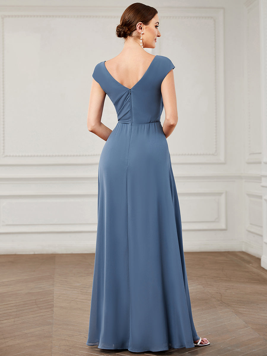 Deep V Neck Cover Sleeves A Line Split Wholesale Bridesmaid Dresses