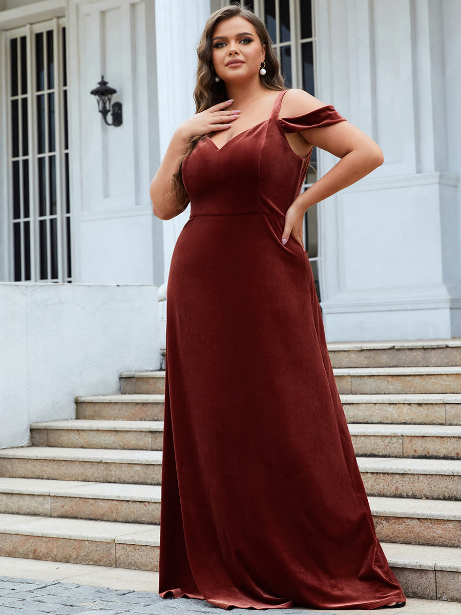 Color=brick-red | Deep V Neck Sleeveless A Line Shiny Wholesale Bridesmaid Dresses-brick-red 1