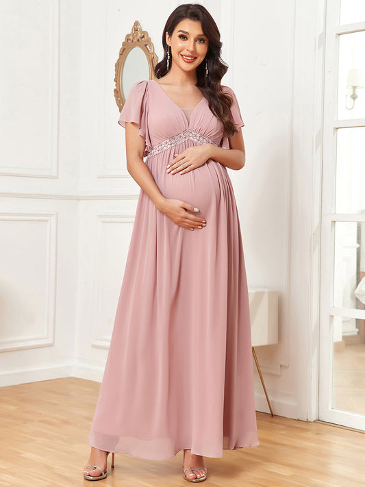 Color=Dusty Rose | Sexy Ruffles Sleeves Deep V Neck A Line Wholesale Maternity Dresses-Dusty Rose 1