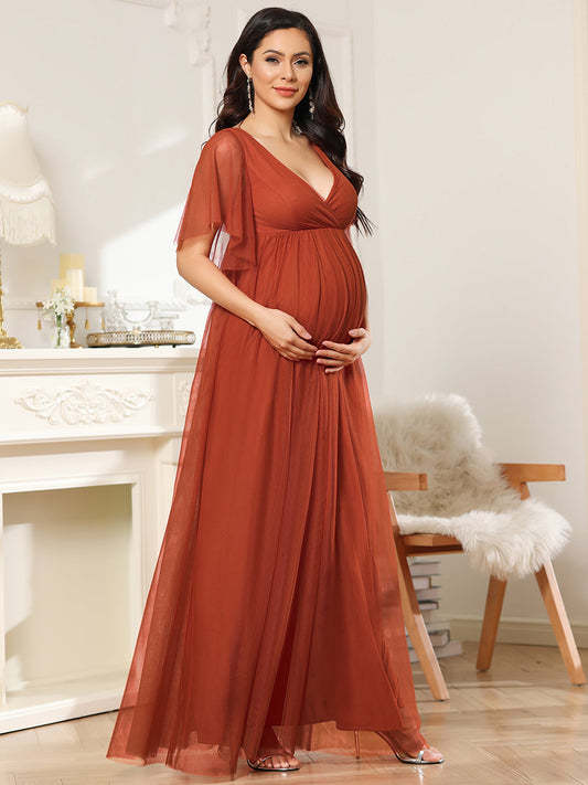 Color=Burnt Orange | Short Ruffles Sleeve Deep V Neck Chiffon Wholesale Maternity Dresses-Burnt Orange 1