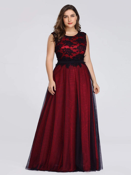 COLOR=Burgundy | Plus Size Sleeveless Evening Dress With Black Brocade-Burgundy 1