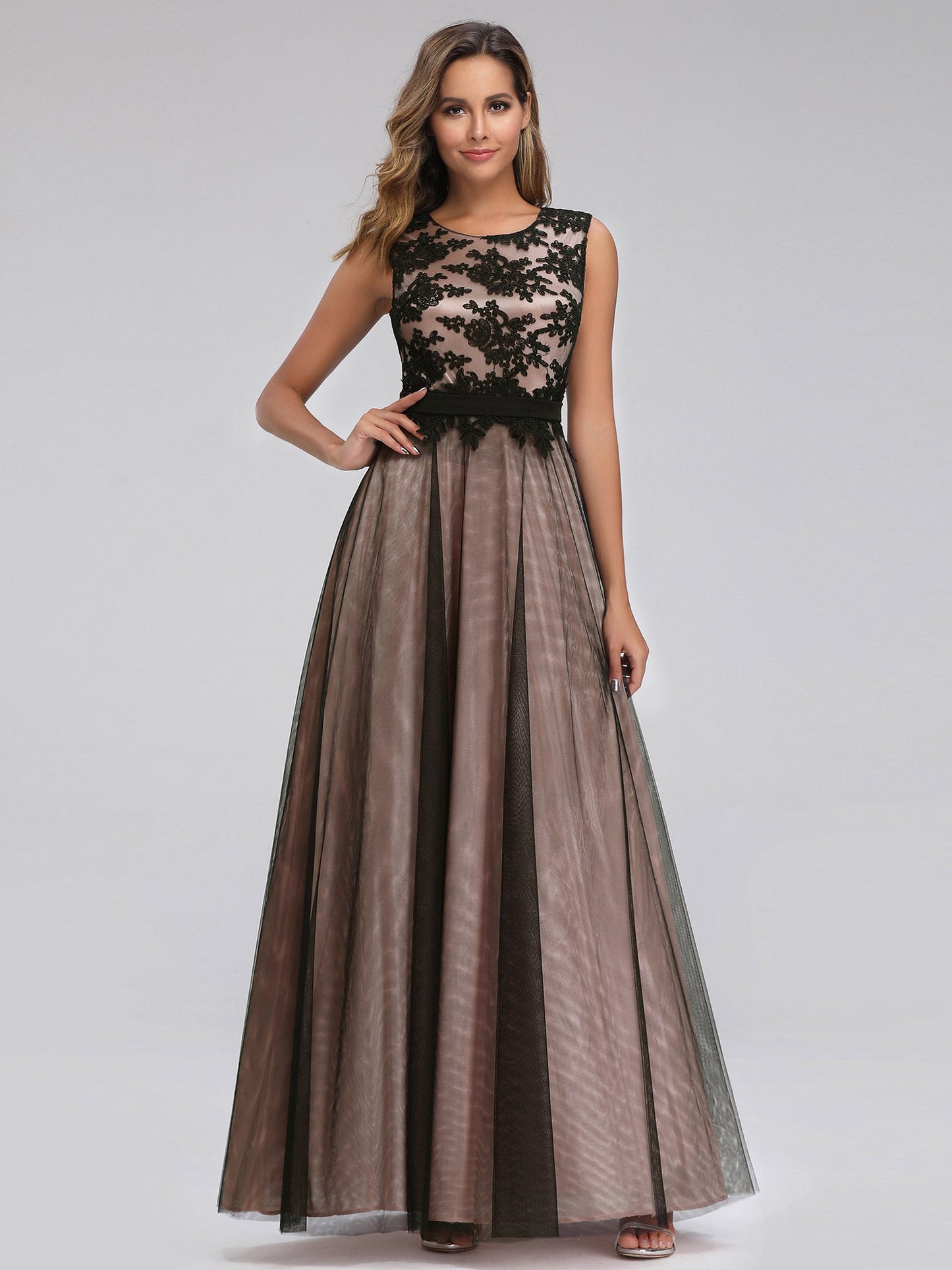 A Line Sleeveless Lace Wholesale Evening Dress with Black Brocade