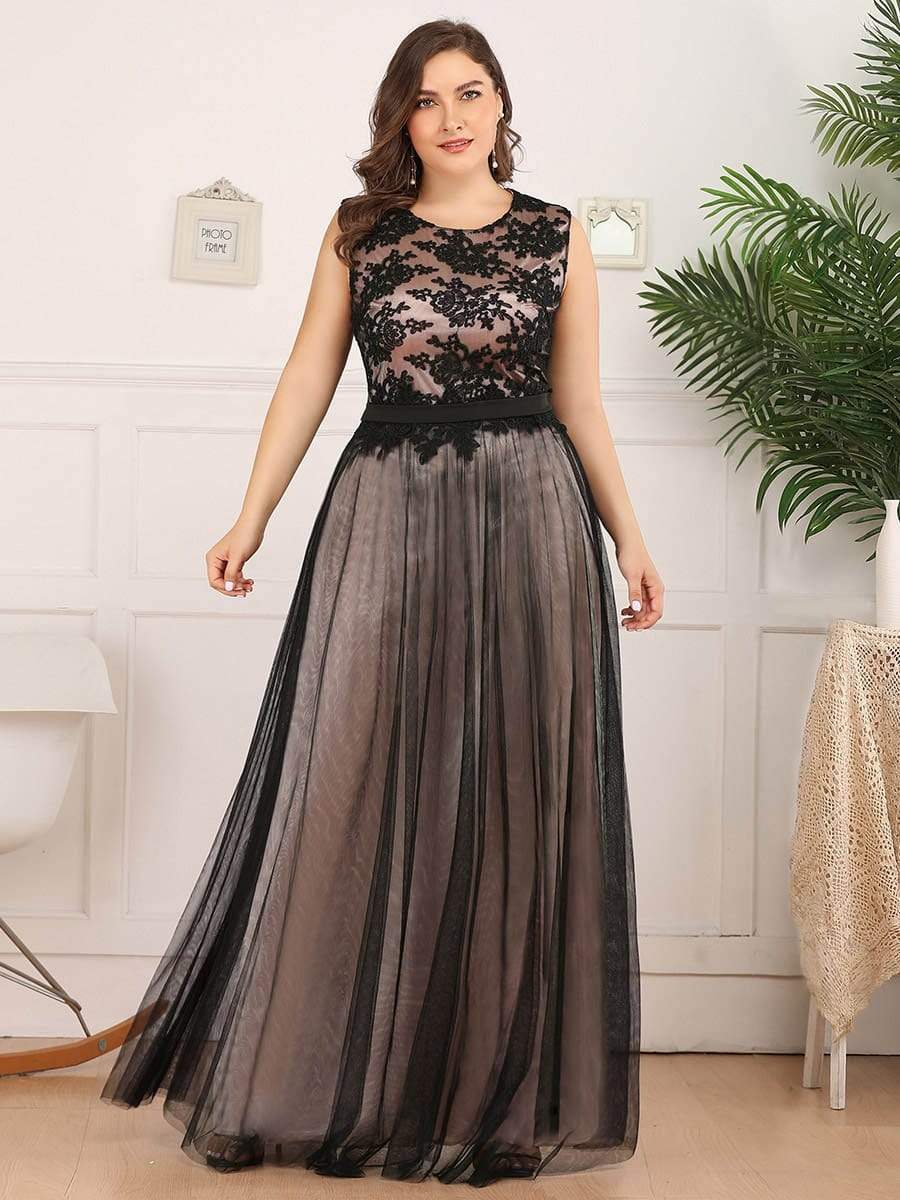 COLOR=Blush | Plus Size Sleeveless Evening Dress With Black Brocade-Blush 1
