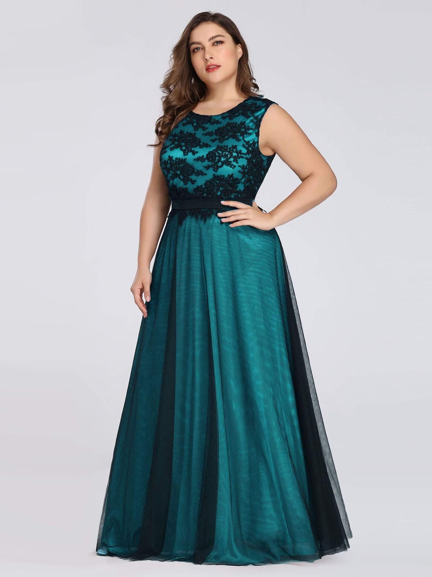 COLOR=Dark Green | Plus Size Sleeveless Evening Dress With Black Brocade-Dark Green 1